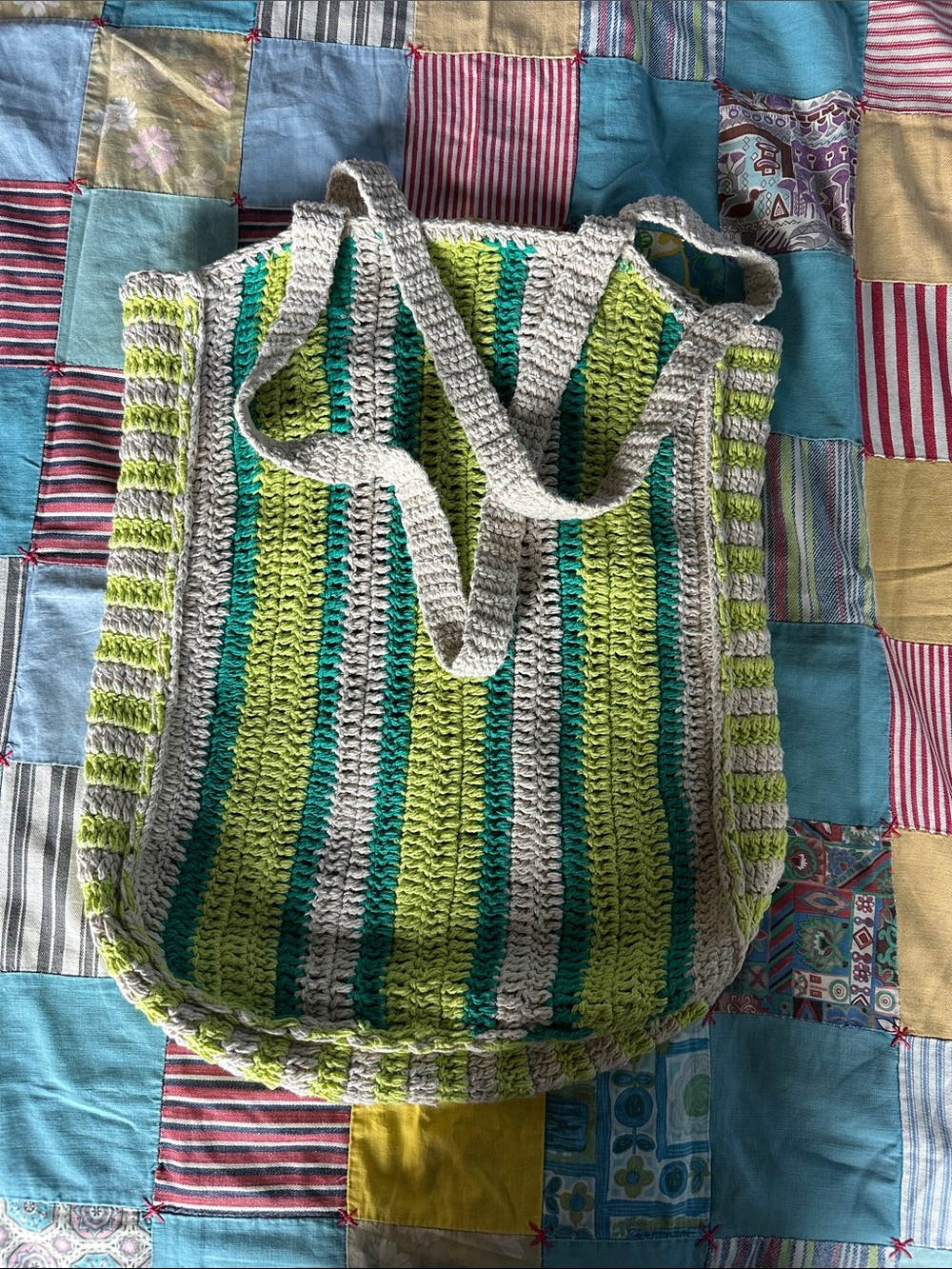 Striped Crochet Tote Bag in Green and Cream